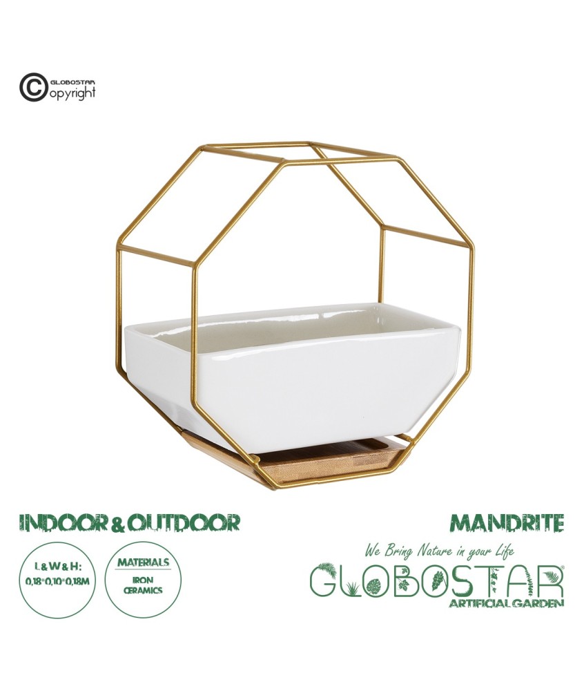 GloboStar® Artificial Garden MANDRITE 20556 Διακοσμητικό Κεραμικό Κασπώ Γλάστρα - Flower Pot Λευκό με Χρυσό Μεταλλικό Πλέγμα και Καφέ Ξύλινη Βάση Μ18 x Π10 x Υ18cm